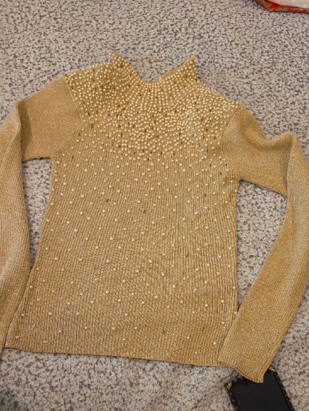 Vintage Pearl-Studded Gold Turtleneck Sweater